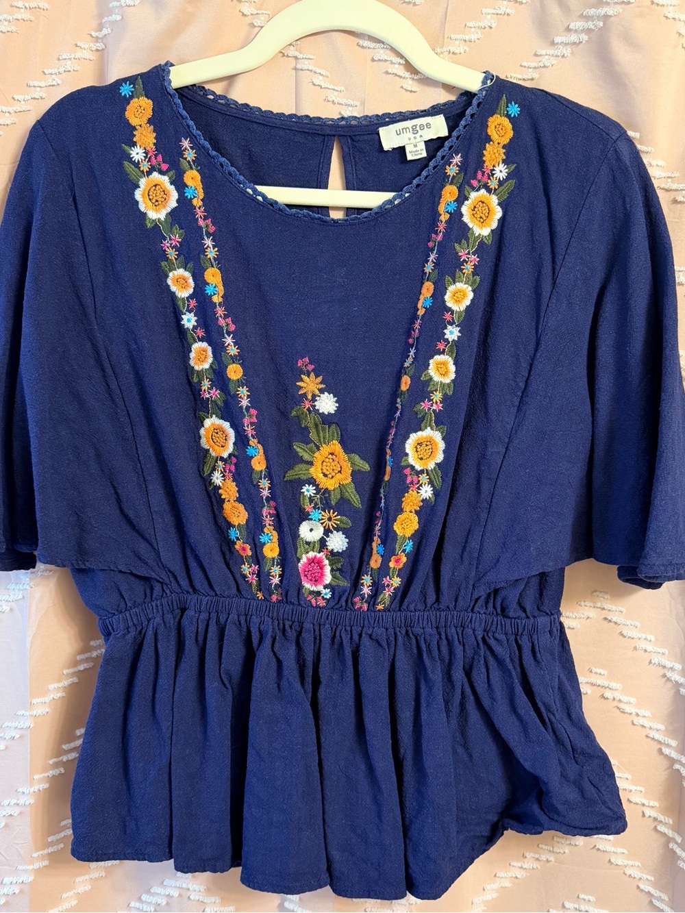 Umgee Navy Floral Embroidered Peplum Blouse
